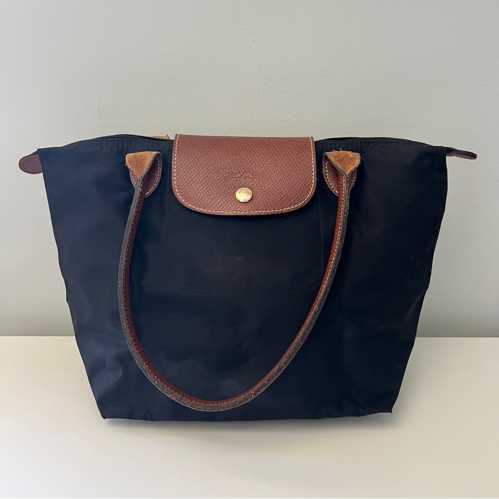 Longchamp Black and Brown Le Pliage Original Tote Bag Purse
